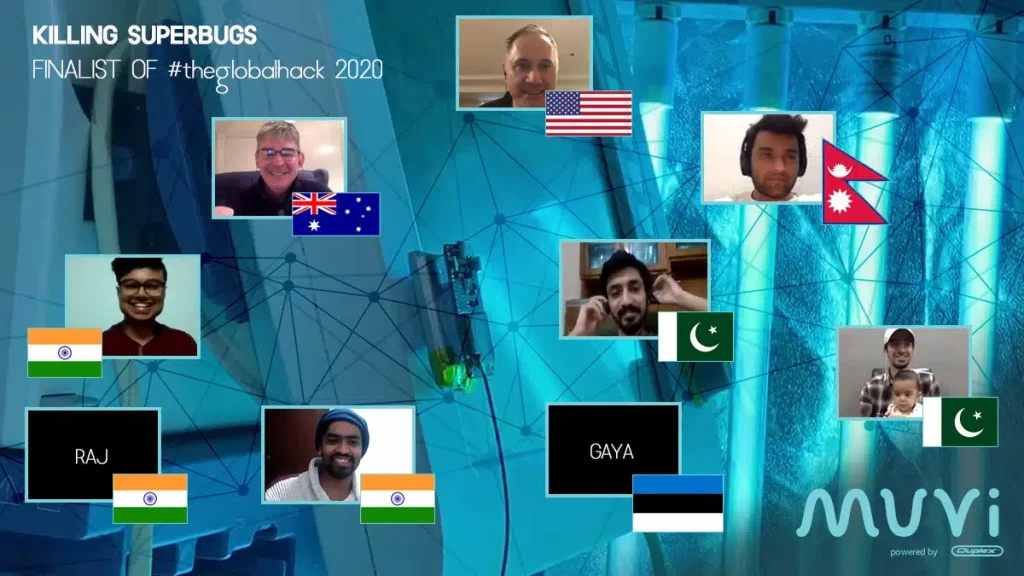 MUVi global hackathon 2020 finalist team members from Australia, USA, Nepal, Pakistan, India, and Estonia collaborating online for UVC disinfection innovation