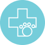 Teal pet care icon with cross and paw for MUVi animal care disinfection.