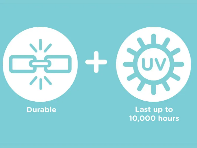 Durable chain link and UV bulb icons on teal background, highlighting MUVi’s strong metal frame and 10,000-hour lamp lifespan.
