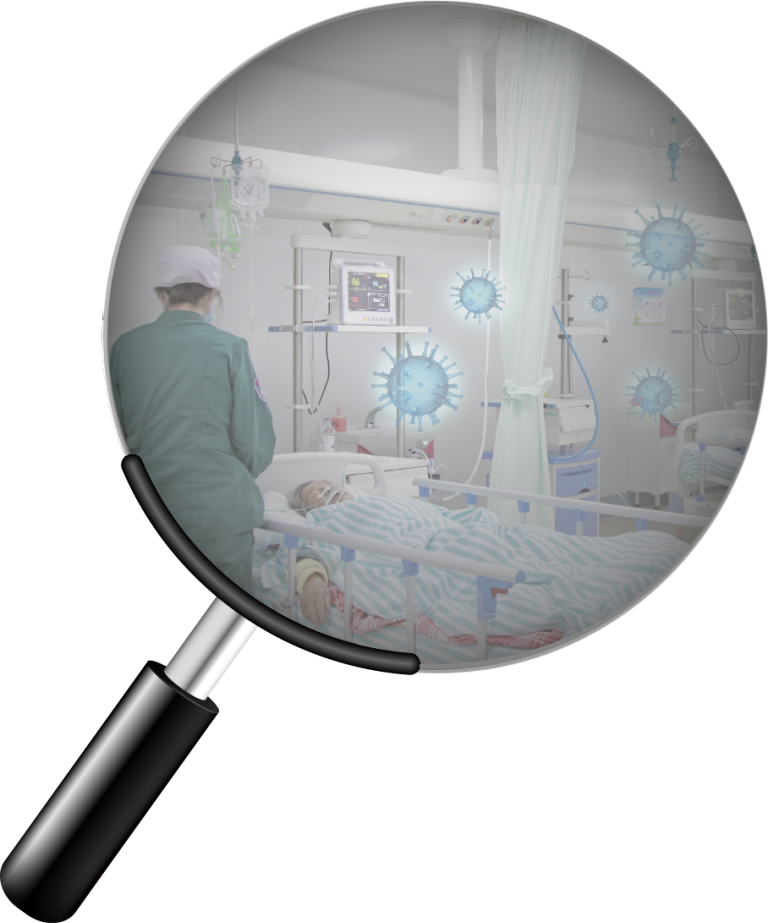 Hospital nurse attending patient under magnifying glass with virus icons, emphasising need for infection-safe zones