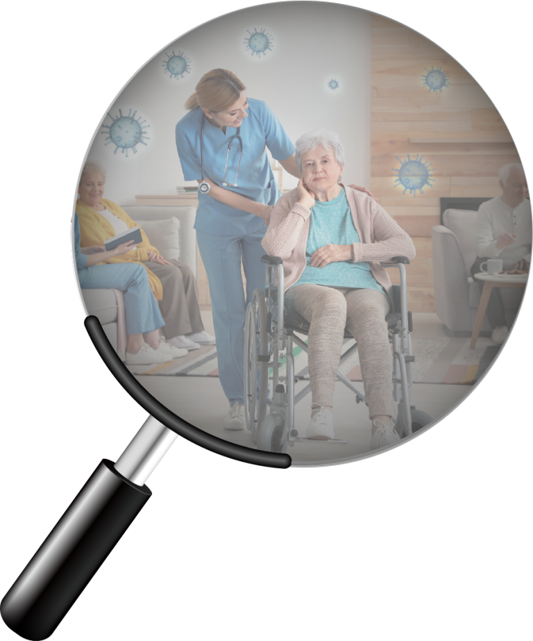 Magnified view of an elderly care facility showing the challenge of indoor social distancing due to virus particles in the air.