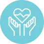 Teal hands and heart icon representing MUVi disinfection in medical clinics.