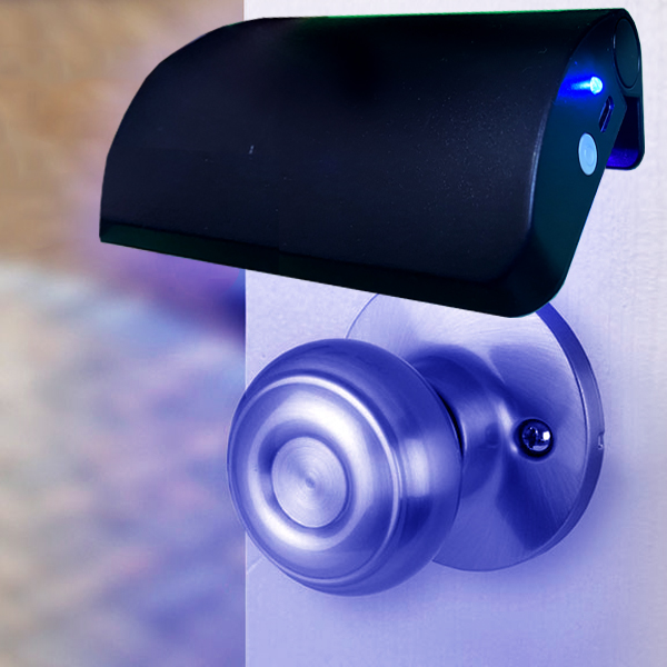 MUVi Touch Point UV disinfection device mounted above a metallic door knob for high-touch surface protection
