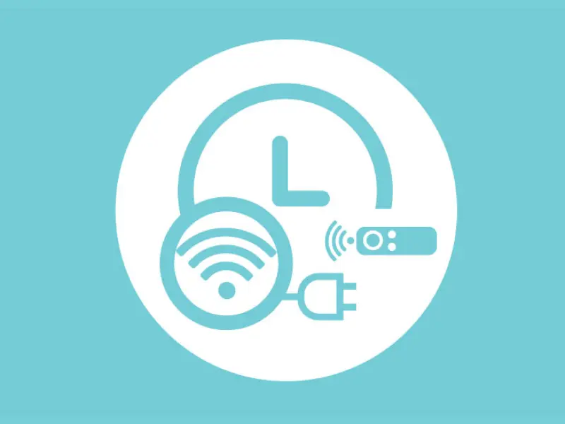 Clock, Wi-Fi signal and remote control icons on teal background, representing MUVi’s programmable disinfection timer with remote operation.