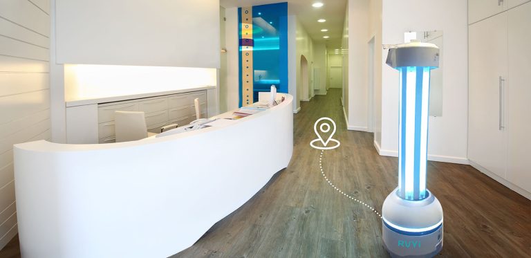 RUVi UV-C robot navigating a dental reception area for autonomous disinfection