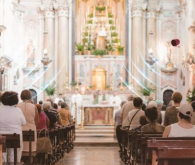 Congregation seated in a church with ViRaTon disinfection overlay in the background.
