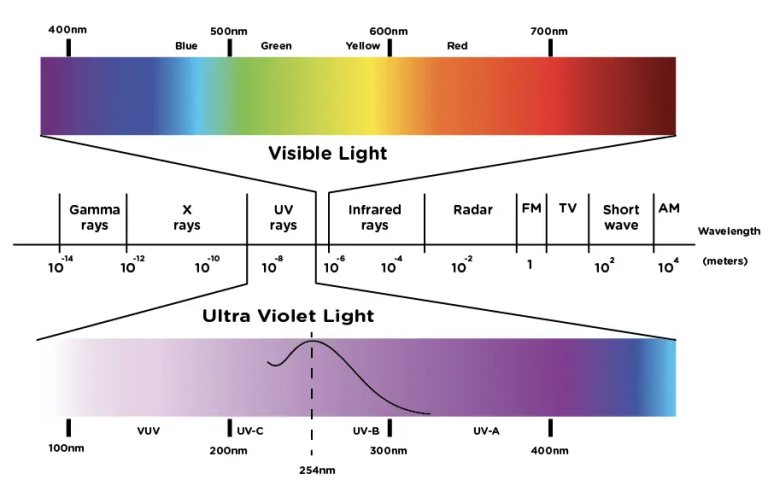 Electromagnetic spectrum chart showing visible light and ultraviolet wavelengths including germicidal UVC.