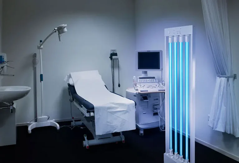 UVC disinfection in dental exam room for chairs, instruments and surfaces.