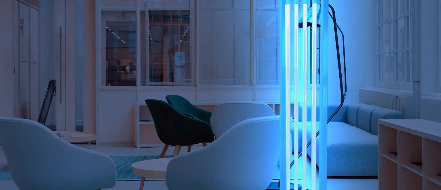 UVC disinfection unit operating in a shared office or open-plan space