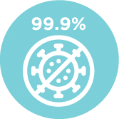 Icon showing 99.9% proven virus and bacteria elimination through UVC disinfection