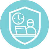 Icon showing shield and person representing UVC disinfection before and after working hours to reduce pathogens