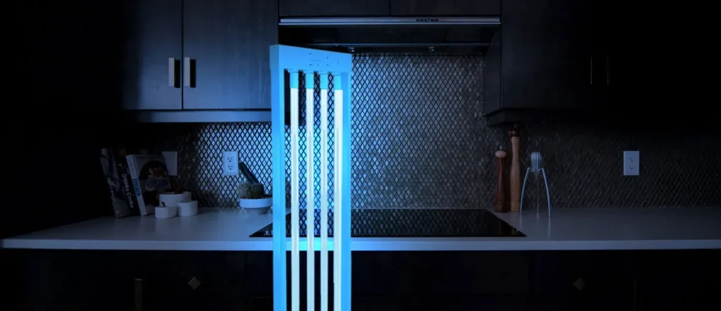 UVC disinfection setup in a commercial kitchen for reducing cross-contamination in food prep areas
