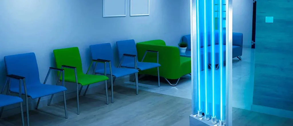 MUVi UVC system placed near reception chairs to disinfect shared lounge areas in the workplace