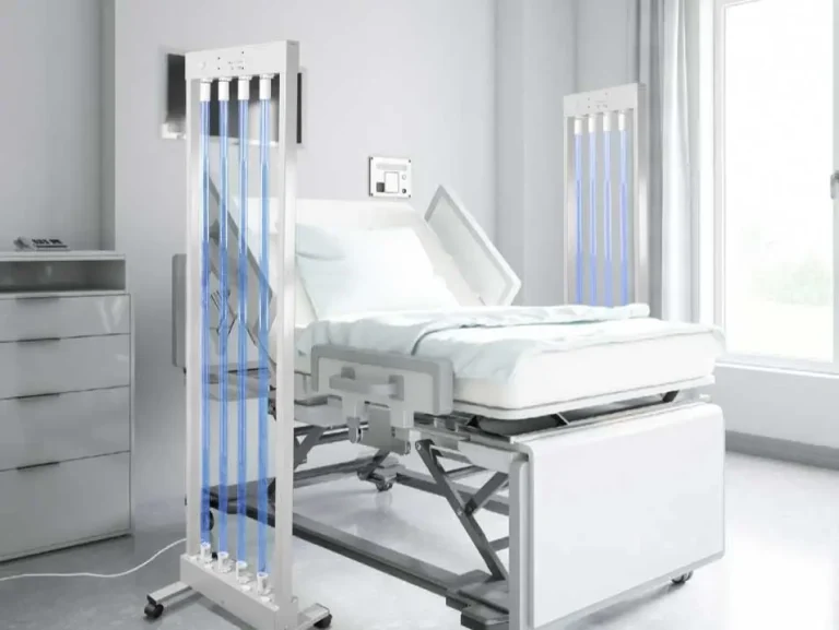 MUVi reliable no-touch UVC disinfection system operating around a hospital bed.