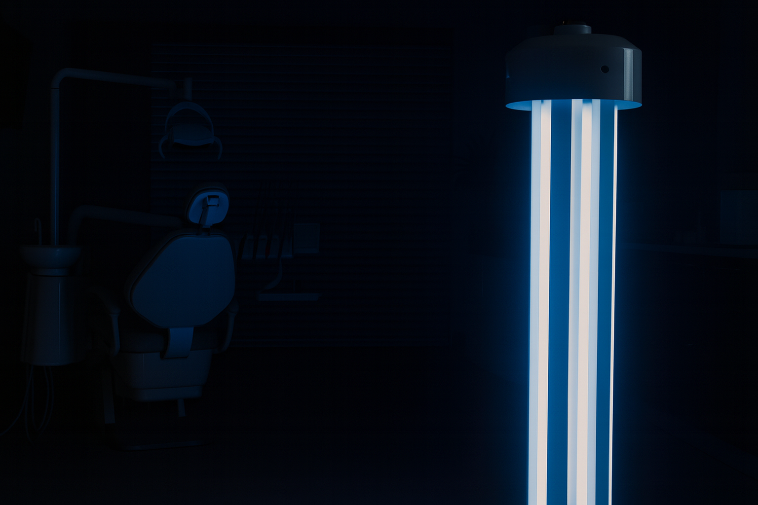 RUVi UVC disinfection robot operating at night in a dental clinic, sanitising treatment rooms and equipment.