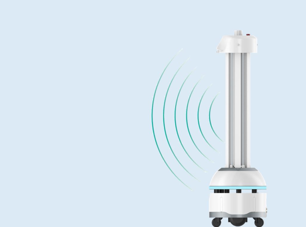 RUVi UVC disinfection robot with signal waves, representing fast and portable sanitation in commercial environments
