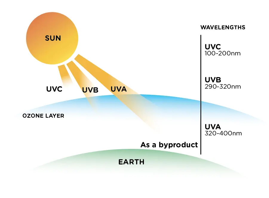 Diagram showing UVA, UVB and UVC light from the sun and their wavelengths in relation to Earth's ozone layer.
