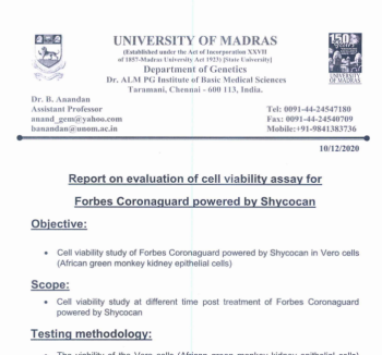 ViRaTon mammalian safety study at University of Madras using Vero cells confirming non-toxic exposure